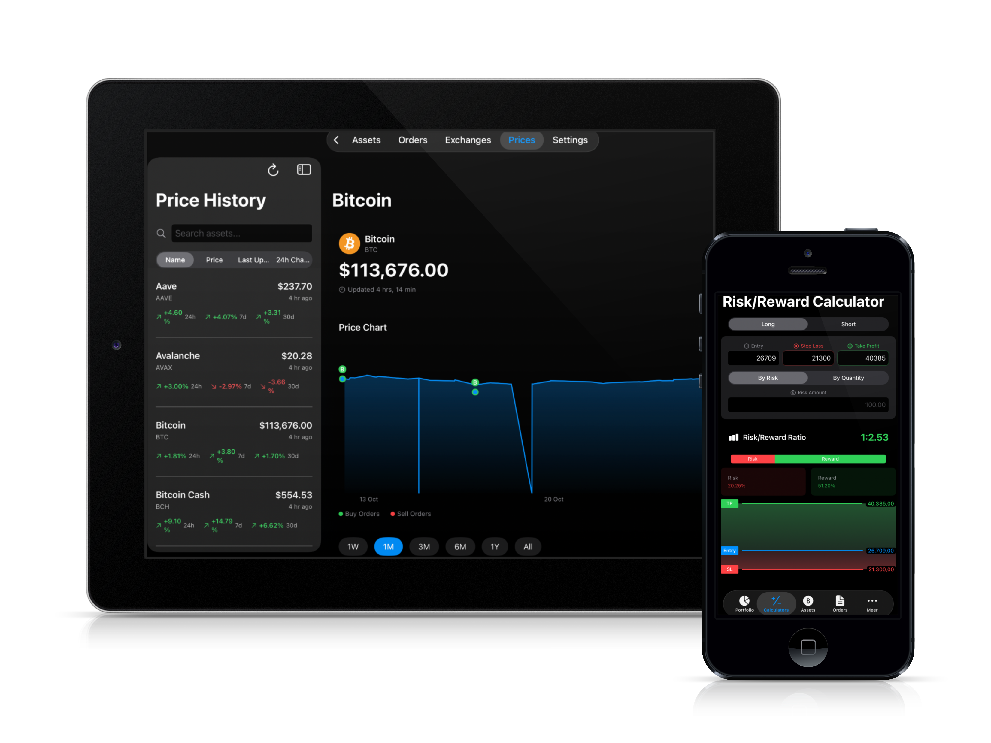 MiNance app on iPad and iPhone showing portfolio features