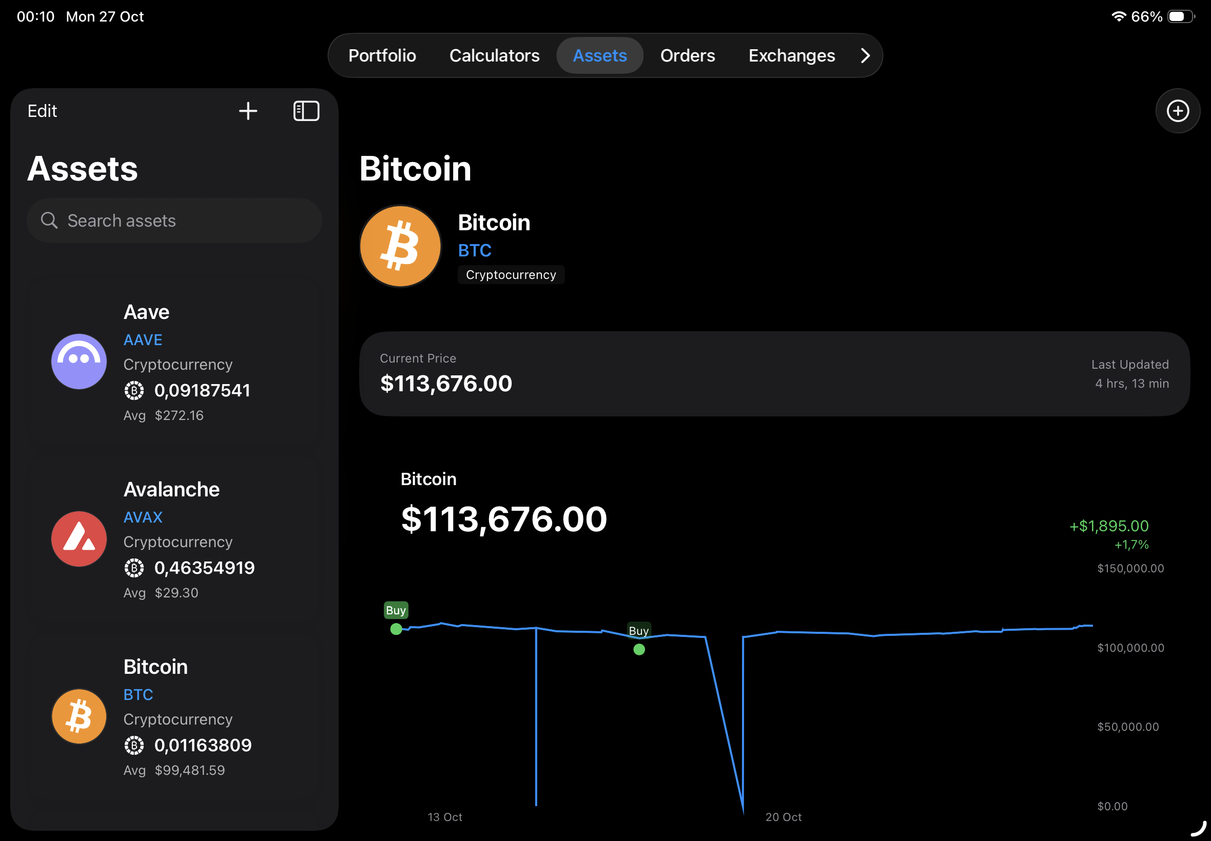 Asset list with real-time prices and performance