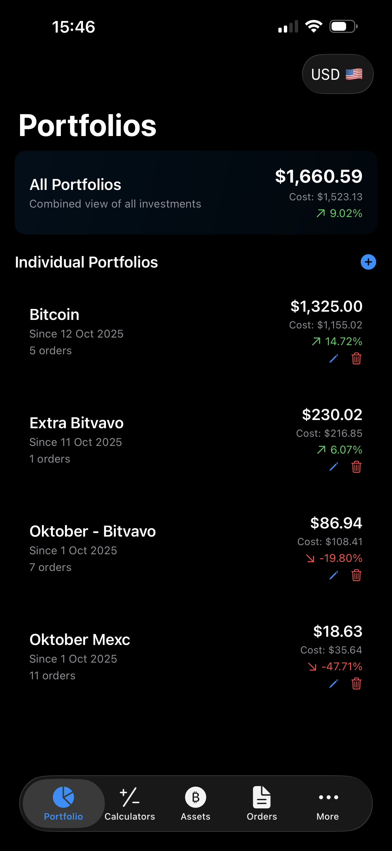 Portfolio overview showing total value and asset allocation